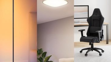 collage con foto verticali con lampada da terra led, plafoniera led e sedia da gaming corsair