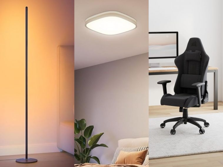 collage con foto verticali con lampada da terra led, plafoniera led e sedia da gaming corsair