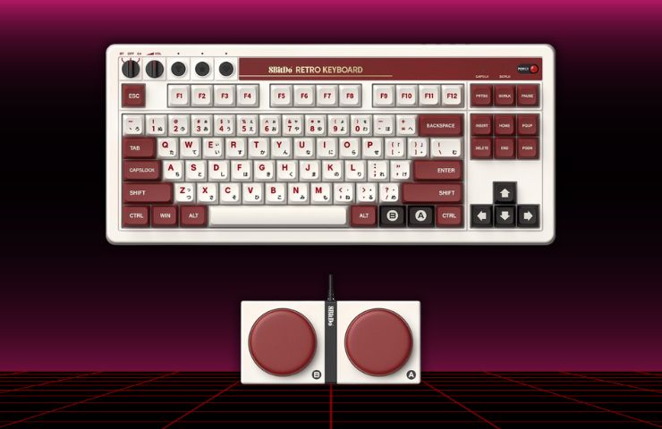 tastiera meccanica 8bitdo su sfondo retro