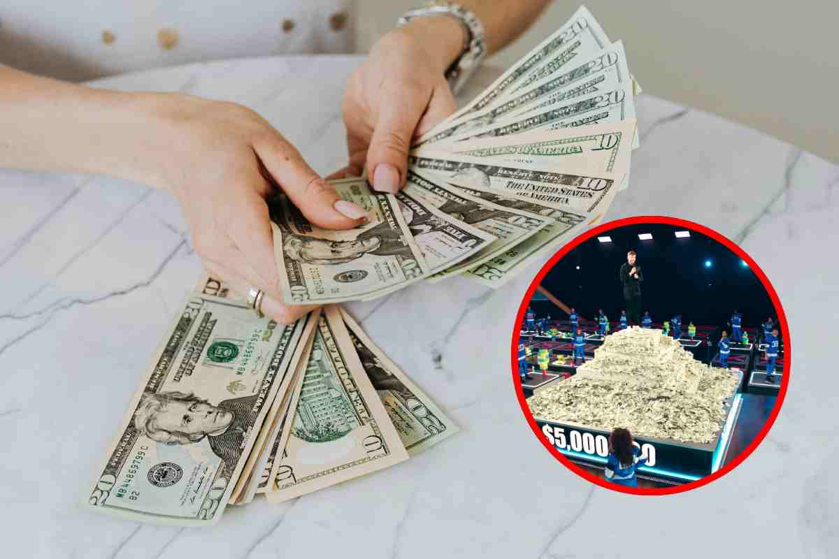 Una mano che regge dei dollari e, in evidenza, un'immagine del programma Beast Game