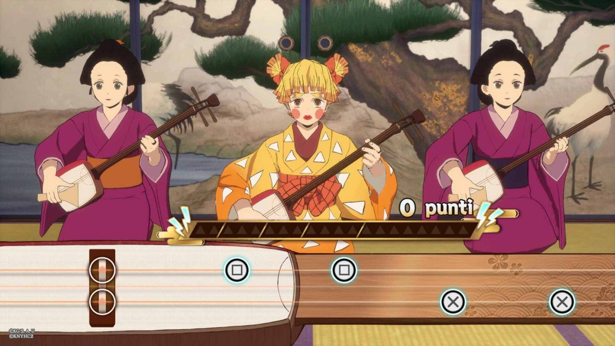 Zenitsu suona uno strumento in un minigioco di Demon Slayer The Hinokami Chronicles 2