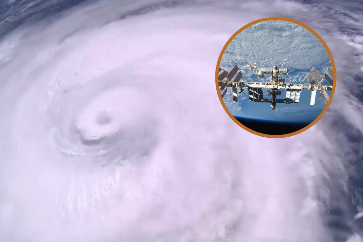 L'uragano Erin visto dalla ISS e, in evidenza, la stazione spaziale internazionale