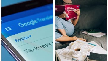 La schermata di Google Translate e una ragazza che consulta una grammatica spagnola