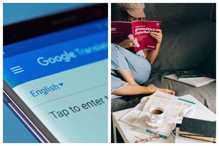 La schermata di Google Translate e una ragazza che consulta una grammatica spagnola