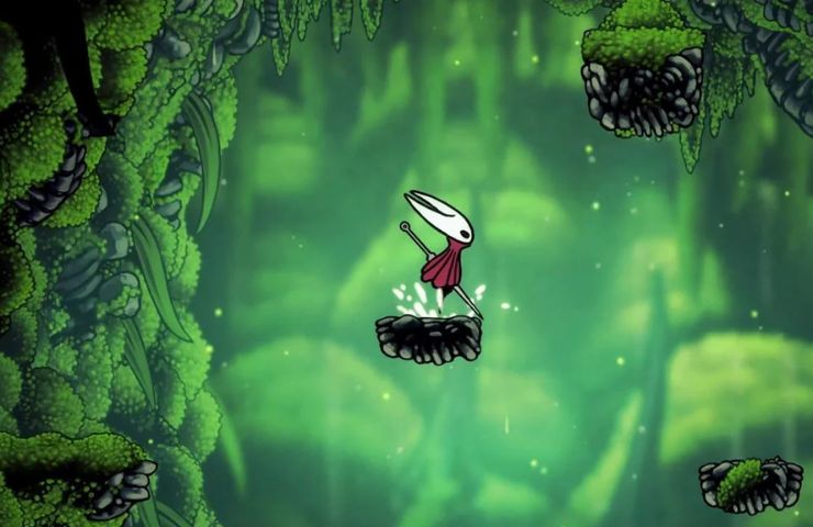 screenshot di hollow knight silksong con Hornet su una piattaforma nell'area verde