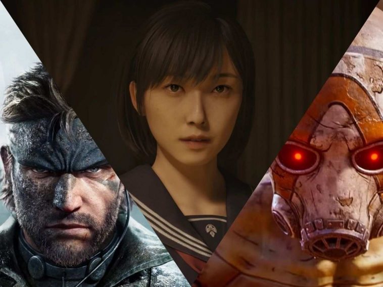 collage di primi piani di personaggi: snake di metal gear solid delta, protagonista di silent hill f e borderlands 4