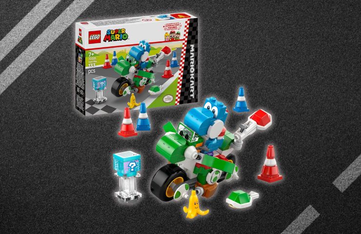 mario kart lego con yoshi blu sulla moto e accessori