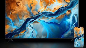 xiaomi tv mini led su sfondo nero con smartphone di fianco