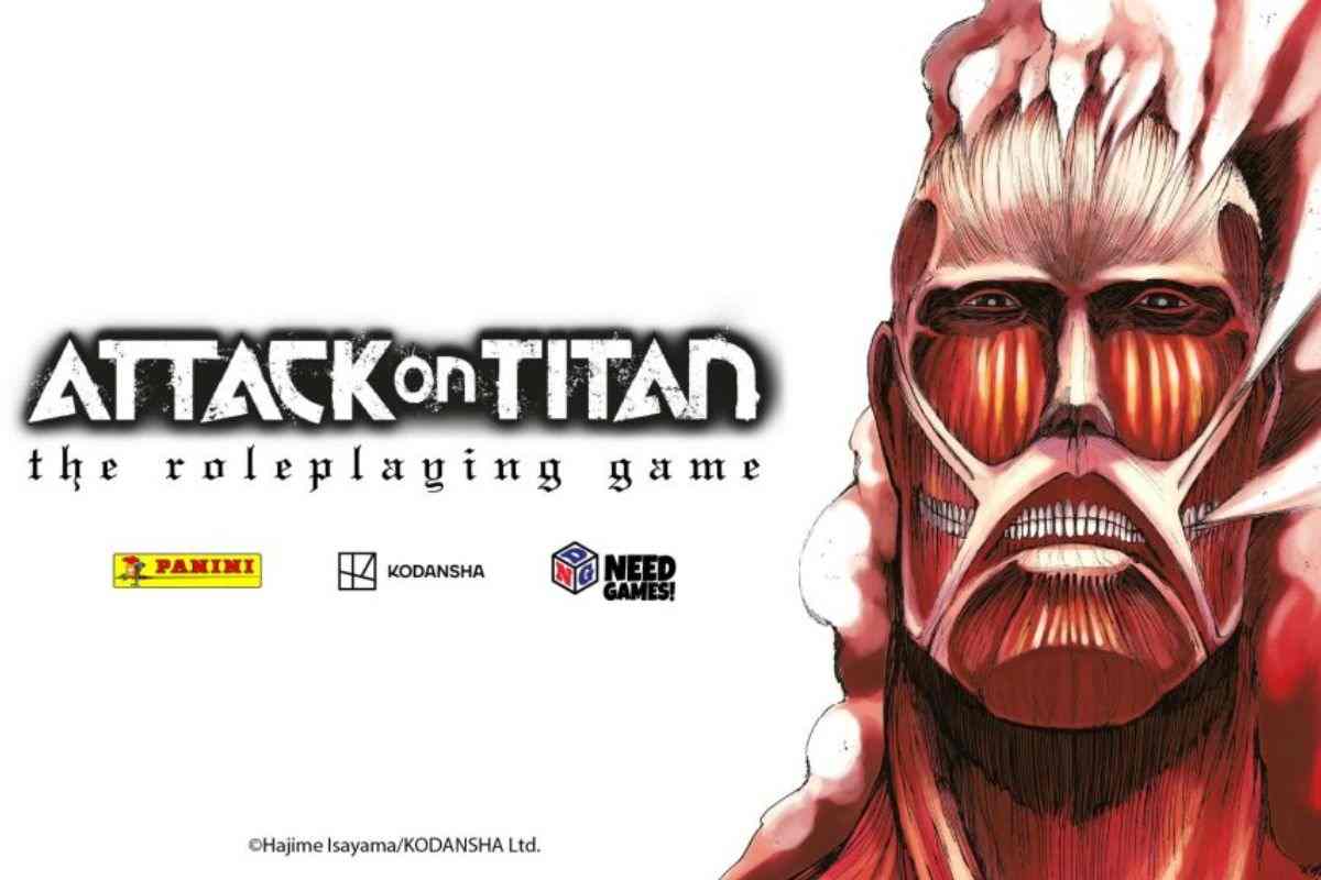 logo attack on titan, logo panini, logo kodansha, logo need games, faccia gigante colossale