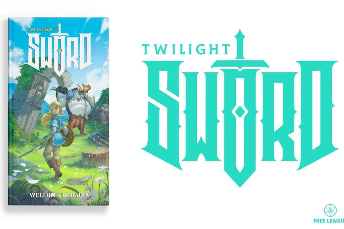 logo twilight sword, libro con caportina ragazza con capelli biondi e spada