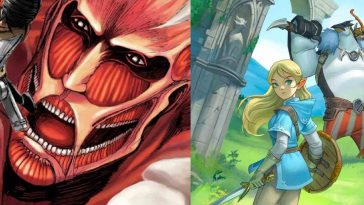 a sinistra faccia di gigante con muscoli in evidenza, a destra personaggio femminile con capell biondi e spada