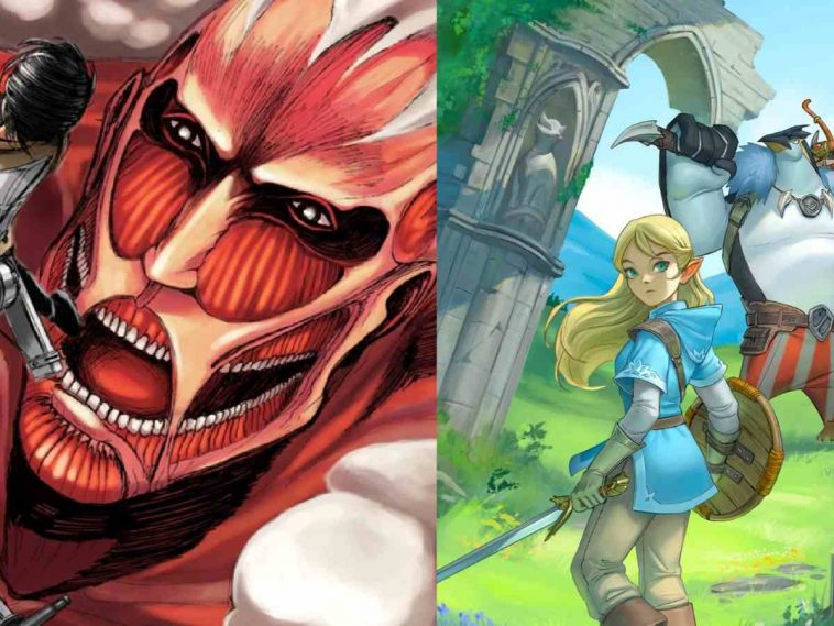 a sinistra faccia di gigante con muscoli in evidenza, a destra personaggio femminile con capell biondi e spada