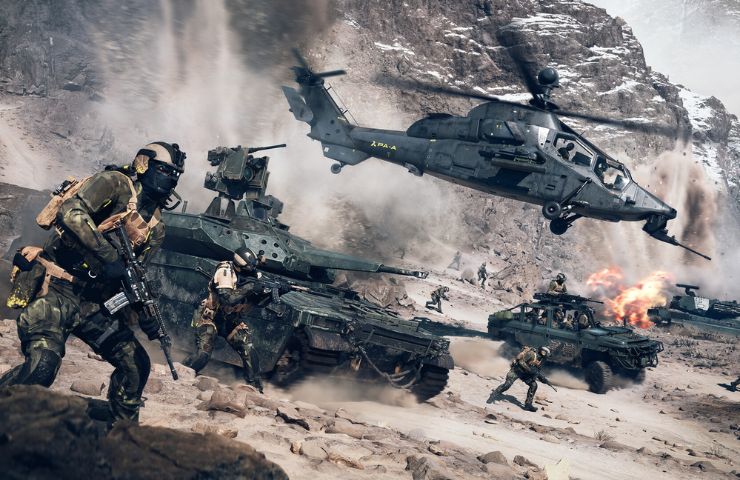 screenshot di battlefield 6 con soldati, elicotteri e carriarmati 