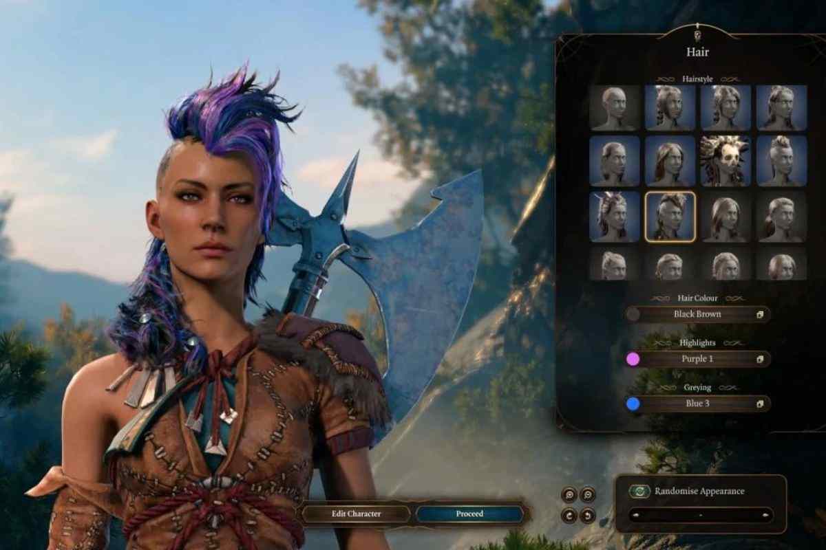 personaggio di bg3 femminile con capelli a cresta viola n armatura di pelle con alabarda