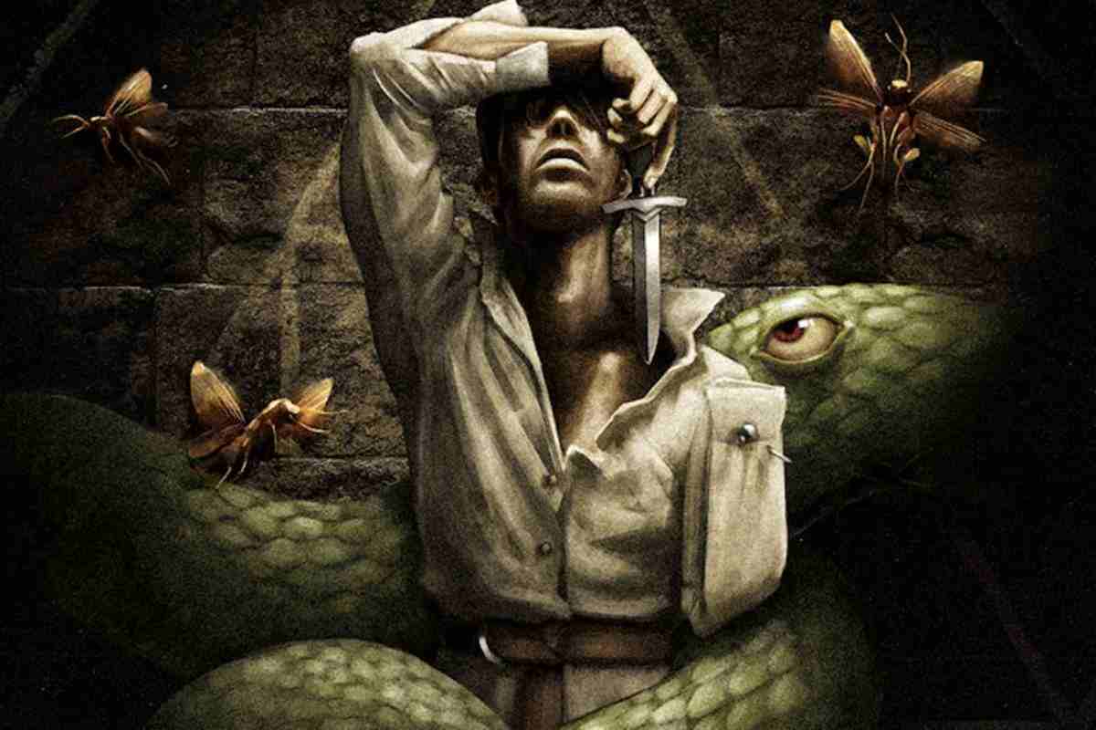 uomo avvolto da serpente gigante con in mano una spada