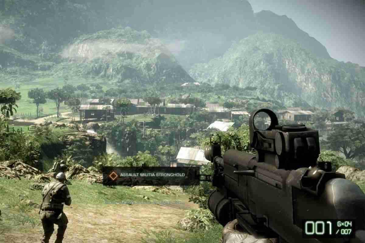 visuale in prima persona di fucile, soldato che corre