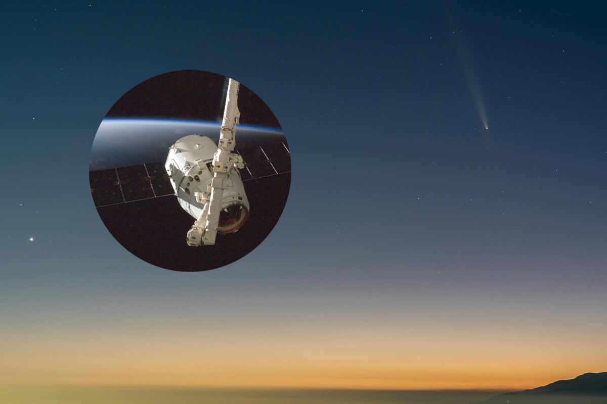 Un cielo con stella cadente e, in evidenza, un satellite