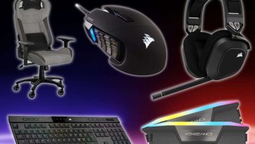 mouse, sedia, cuffie, tastiera, RAM su sfondo RGB