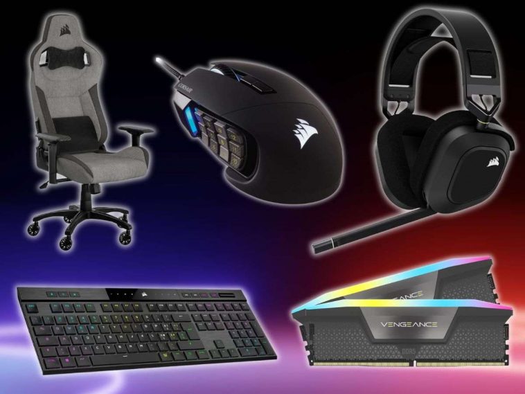 mouse, sedia, cuffie, tastiera, RAM su sfondo RGB