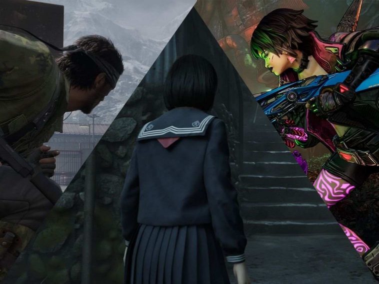collage di tre foto triangolari con Snake di metal gear solid delta, protagonista di silent hill di spalle e protagonista di borderlands 4