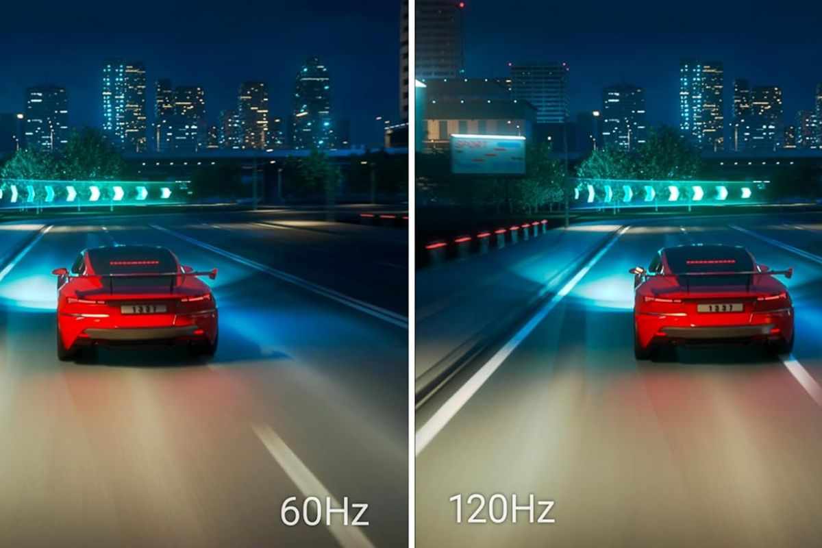 macchina in autostrad su schermo, a sinistra a 60 HZ, a destra a 120 Hz