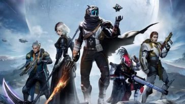 personaggio con spada, personaggio femminile, peronaggio con fucile, alle spalle luna