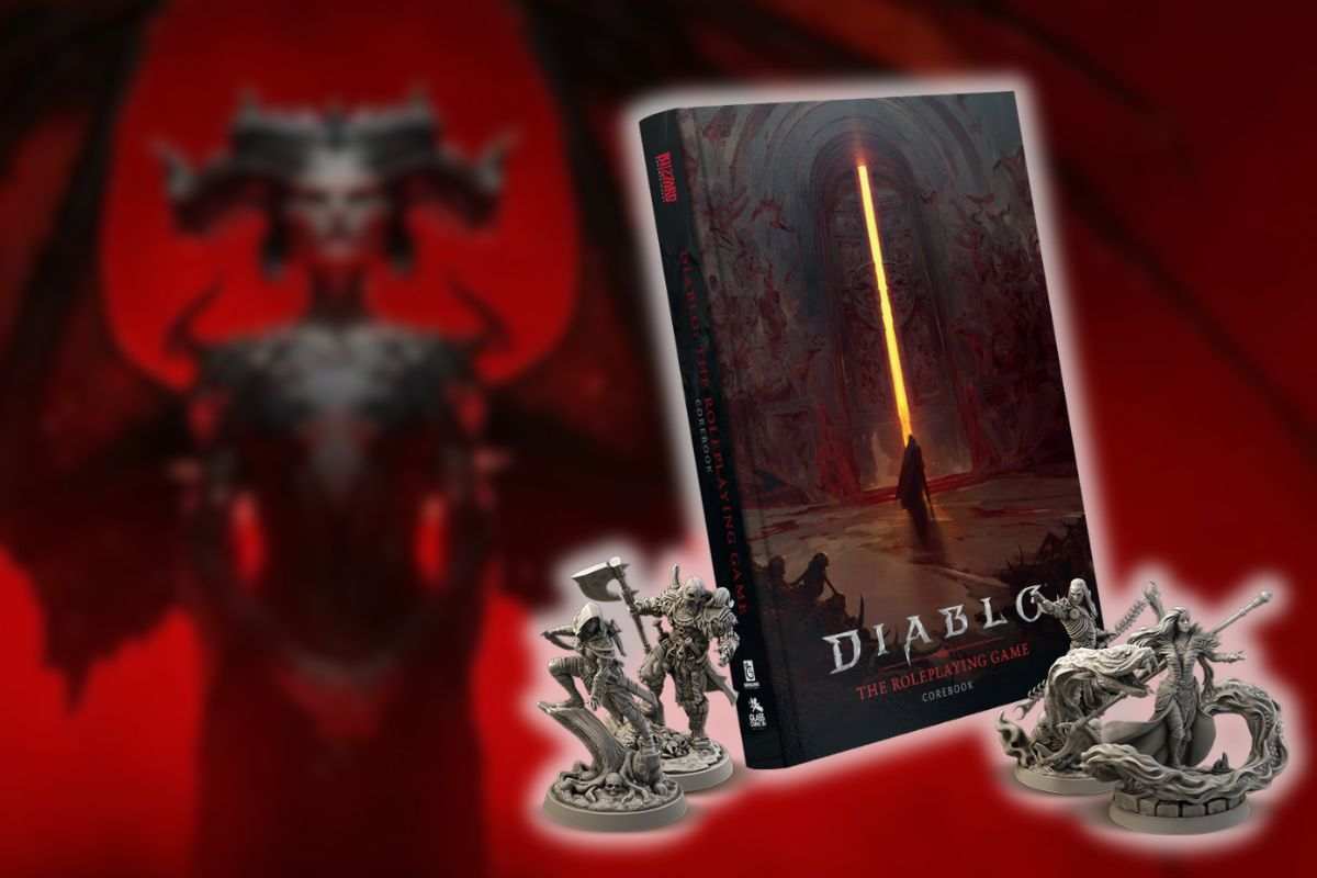 libro delle regole con logo diablo, figure grige con personaggi con ascia, alle spalle personaggio demoniaco di Diablo con ali e corna