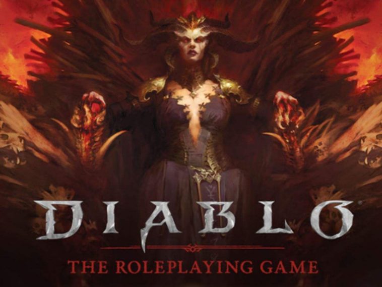 scritta Diablo the roleplaying game, alle spalle personaggio demoniaco femminile seduto su trono