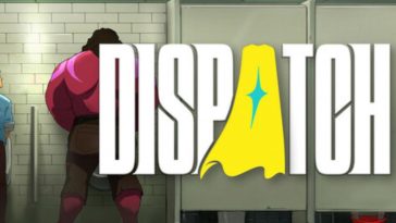 uomo con pelle viola che urina in orinatoio di spalle con scritta Dispatch