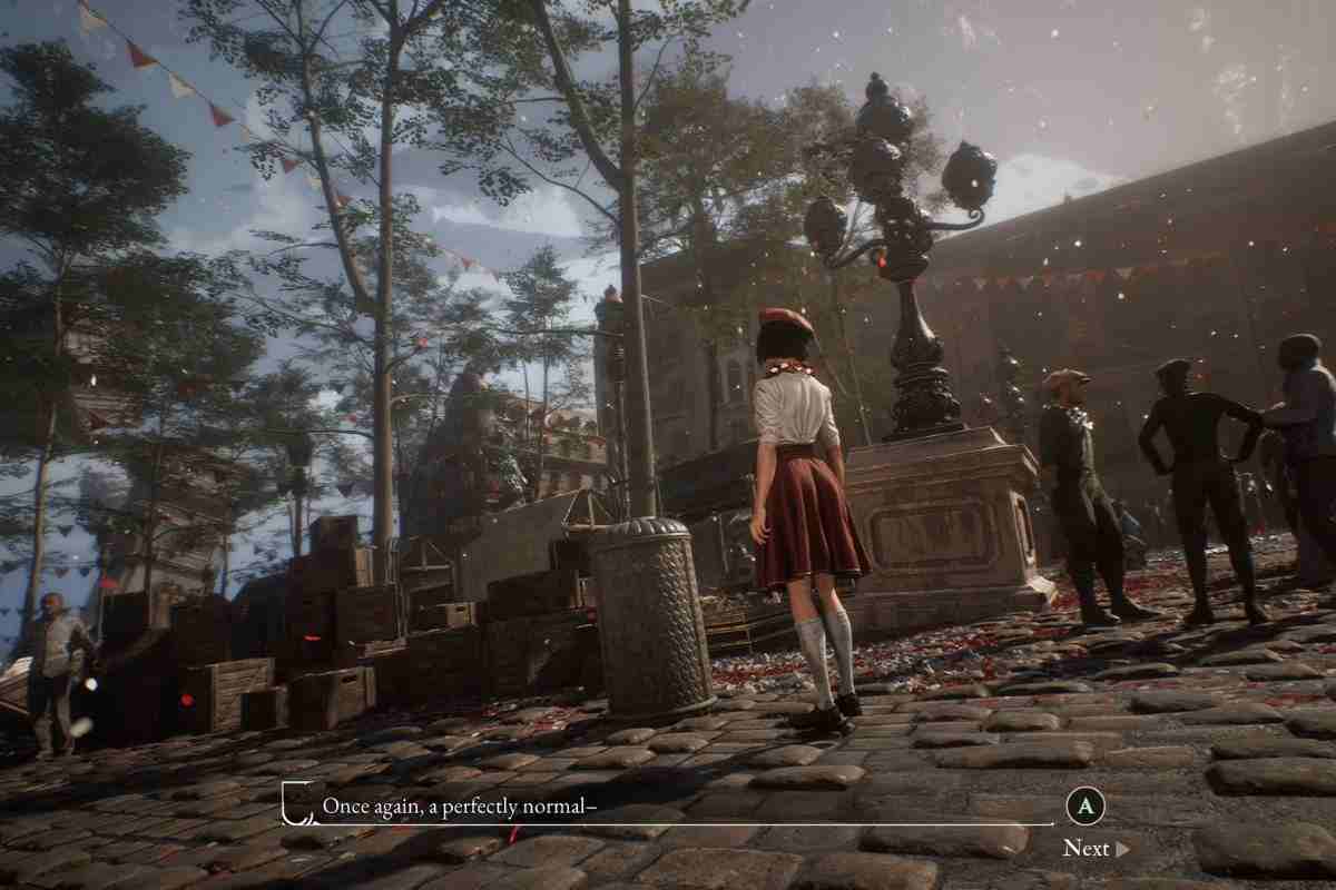 ragazza con gonna rossa e camicia bianca davanti a bidone dell'immondizia