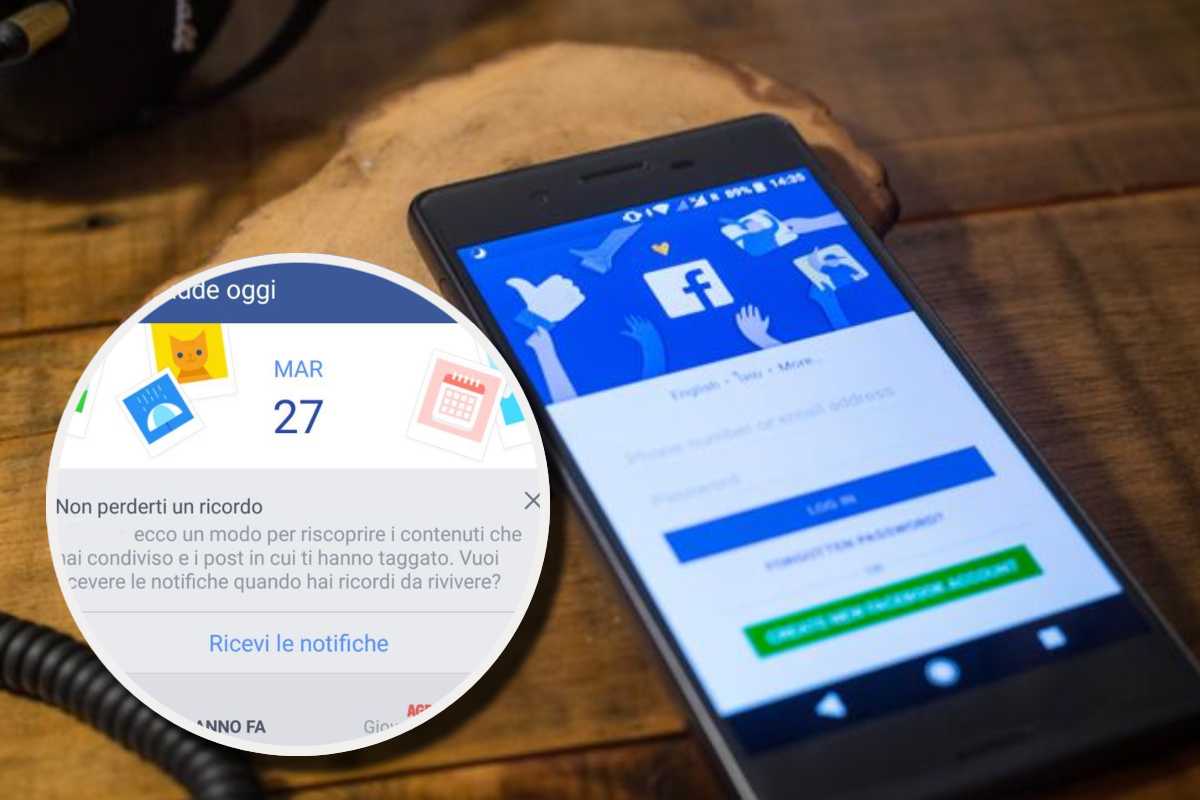 Un telefono collegato a Facebook e, in evidenza, la funzione Accadde Oggi