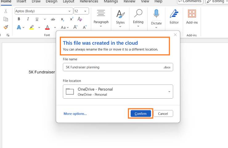 schermata con l'indicazione del file creato nel lcloud