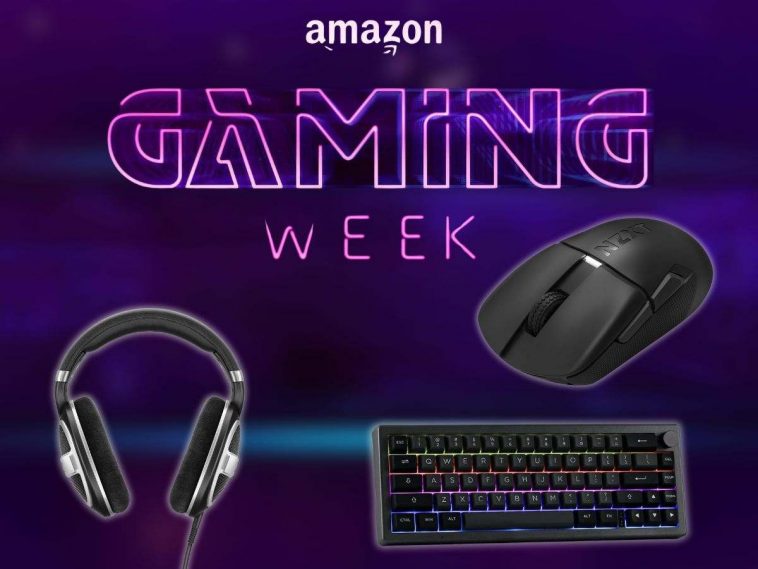 scritta amazon gaming week, immagine tastiera, mouse, cuffie