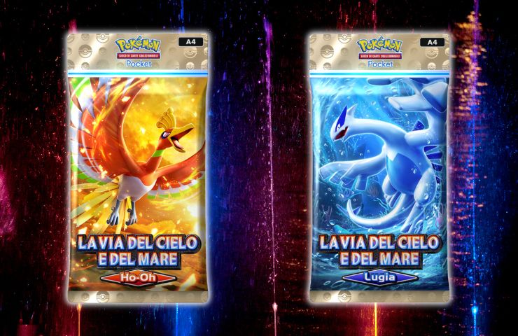 bustine di Pocket GCC Pokémon dell'espansione Le vie del cielo e del mare su sfondo che ricorda lava e acqua