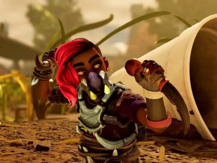 primo piano di personaggio di grounded 2 con due coltelli fra le mani