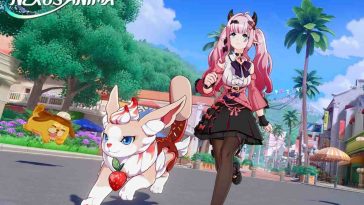 ragazza anime con capelli rosa corre accanto a canide, scritta Nexus Anima