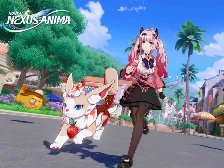 ragazza anime con capelli rosa corre accanto a canide, scritta Nexus Anima