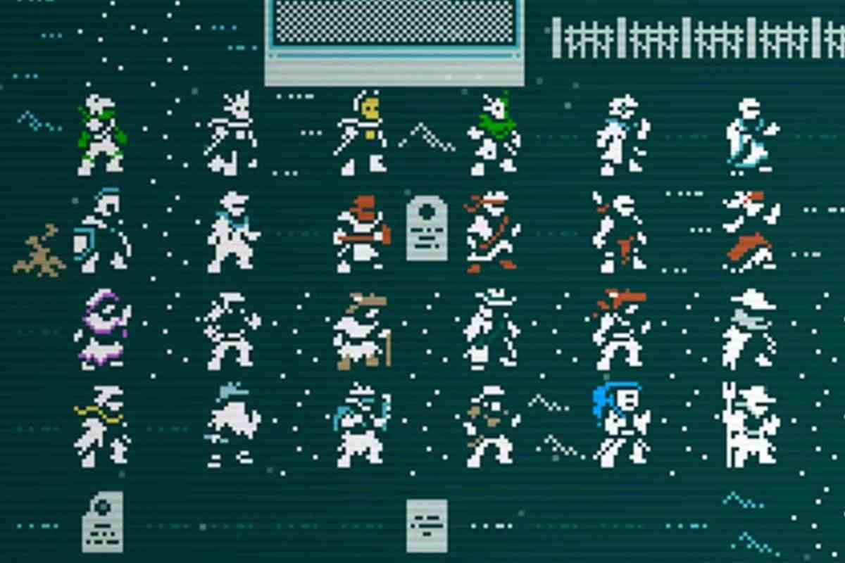 schermata verde con vari personaggi fatti di pixel con lapida al centro