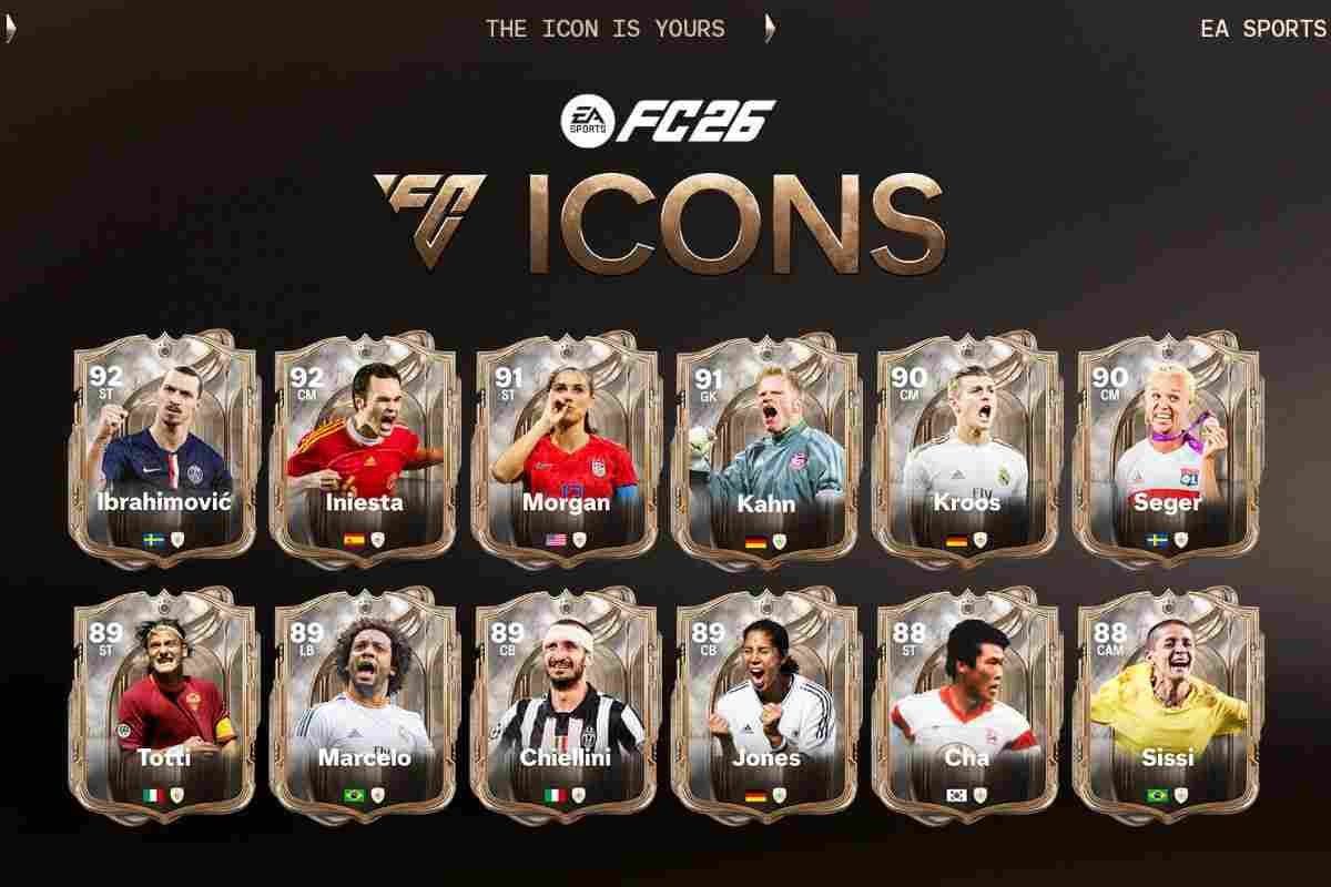 carte dorate cn calciatori con scritta Icons FC26