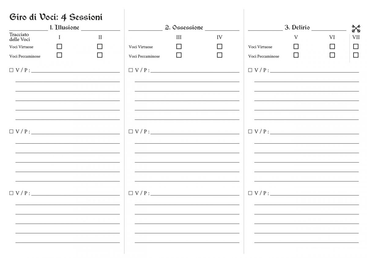 Estratto della scheda di gioco "Giro delle Voci" del GDR Rosewood Abbey, dove i giocatori descrivono le voci virtuose e peccaminose incontrate lungo le diverse partite.