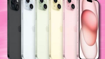 iphone 15 plus in schiera in varie colorazioni su sfondo rosa