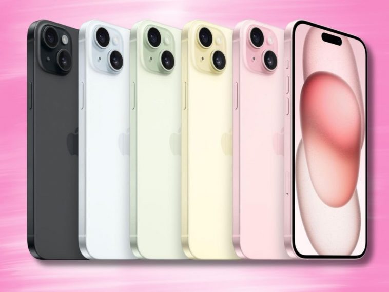 iphone 15 plus in schiera in varie colorazioni su sfondo rosa