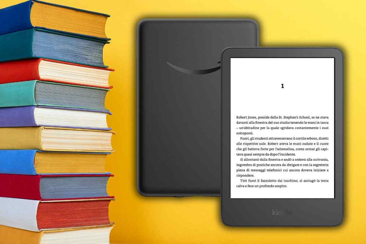 Kindle amazon fronte e retro con accanto pila di libri