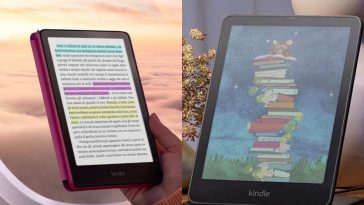 kindle in mano in aereo affiancato a kindle su stazione di ricarica sul comodino