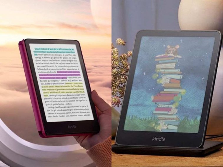 kindle in mano in aereo affiancato a kindle su stazione di ricarica sul comodino