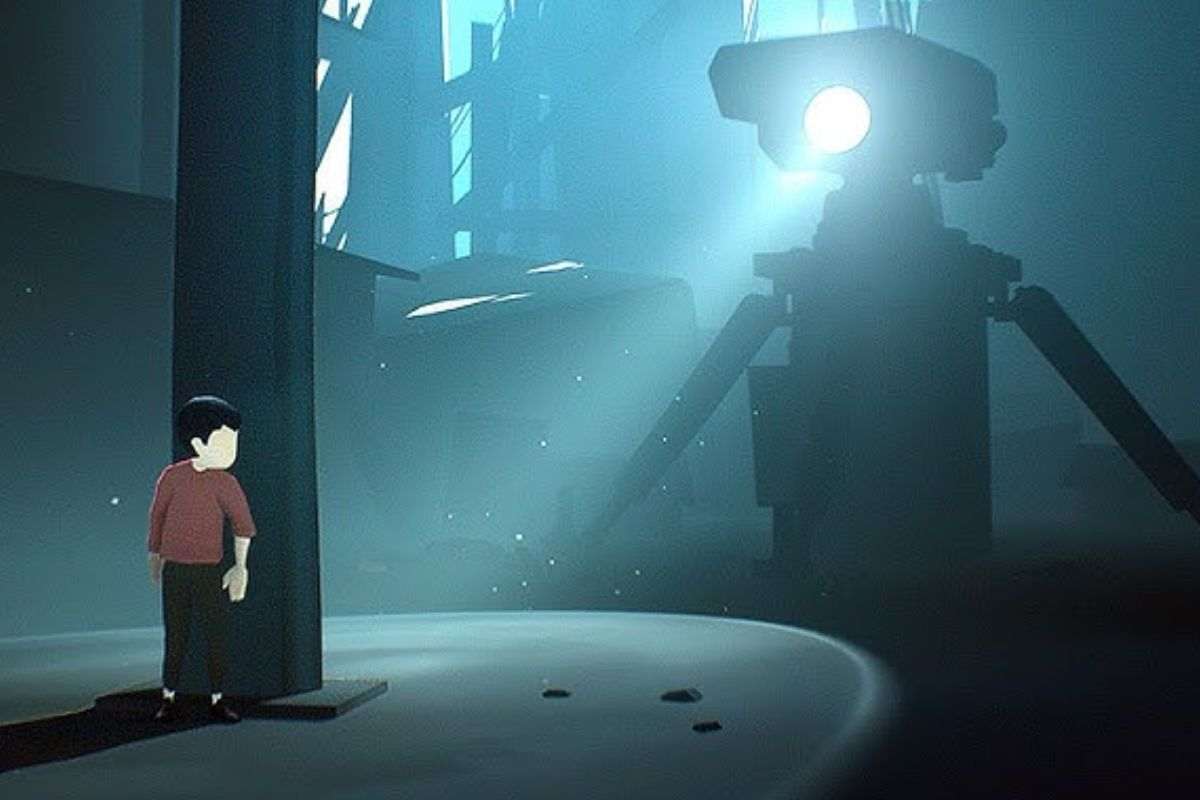 personaggio che si nasconde dietro una colonna mentre mostro lo illumina