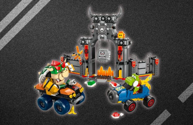mario kart lego con castello di bowser, bowser e koopa sui loro kart