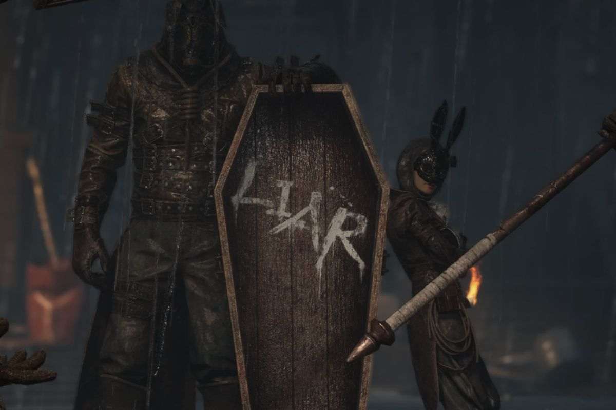 personaggi con orecchie da coniglio con bara con la scritta Liar