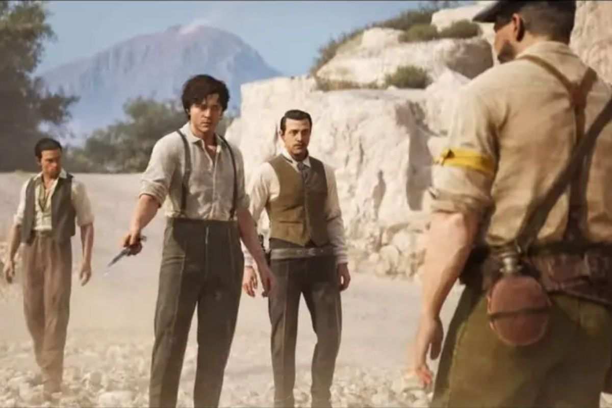 personaggio con casacca bianca con cltello in mano che minaccia personaggio di spalle, due personaggi con gilet