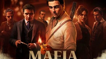 mafioso con camicia bianca di profilo, mafioso con giacca nera, donna, personaggi mafiosi su sfondo con fiamme, scritta mafia the old country